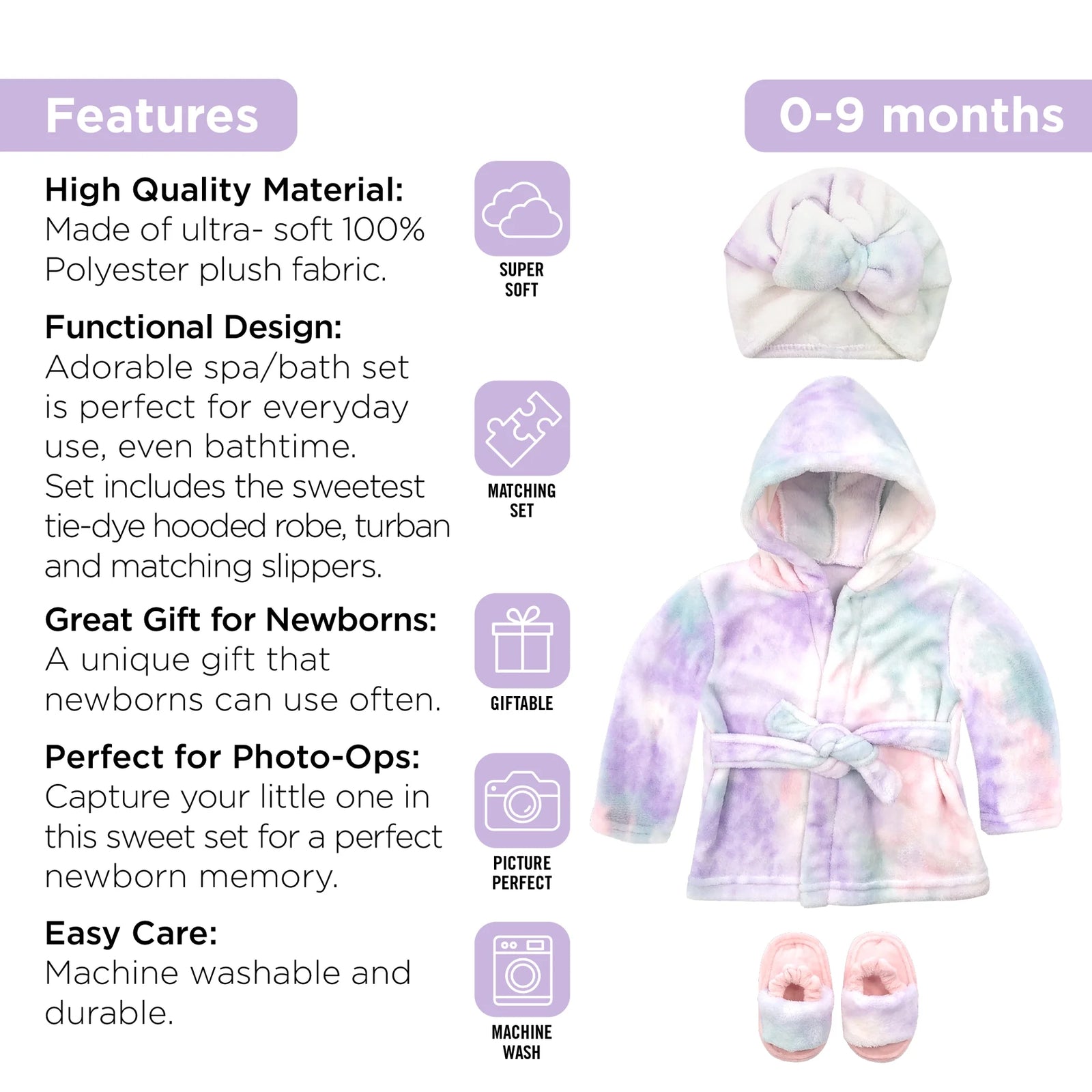 Bata Para Bebé - Juego De Bata De Baño De Felpa Suave - Bata De Baño Y Pantuflas Para Niños + Turbante Para Niñas (Tie Dye, 12-24 Meses)