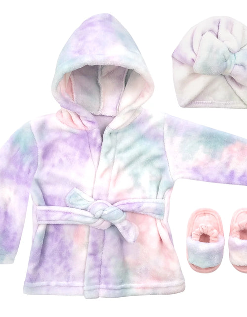 Load image into Gallery viewer, Bata Para Bebé - Juego De Bata De Baño De Felpa Suave - Bata De Baño Y Pantuflas Para Niños + Turbante Para Niñas (Tie Dye, 12-24 Meses)
