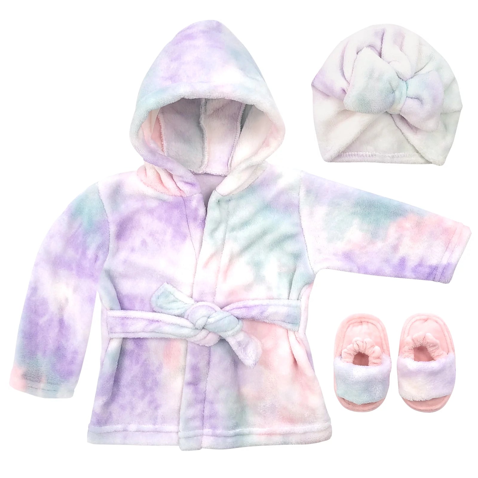 Bata Para Bebé - Juego De Bata De Baño De Felpa Suave - Bata De Baño Y Pantuflas Para Niños + Turbante Para Niñas (Tie Dye, 12-24 Meses)